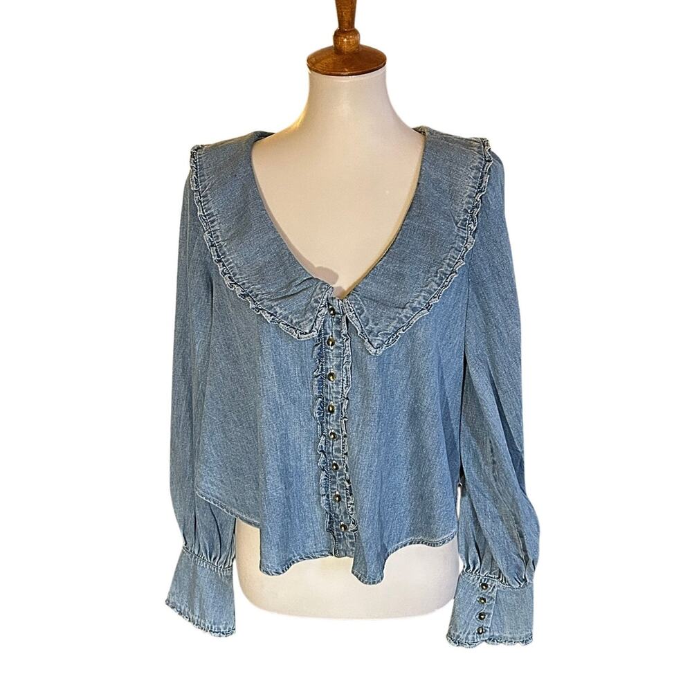 Free People Denim Ruffle Collar Coquette Top XS Blue Button Front